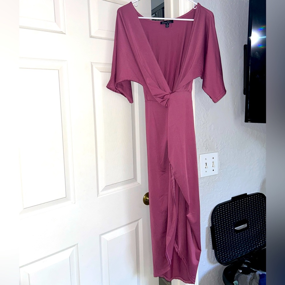 Maroon below knee dress with sleeves and side slit soft